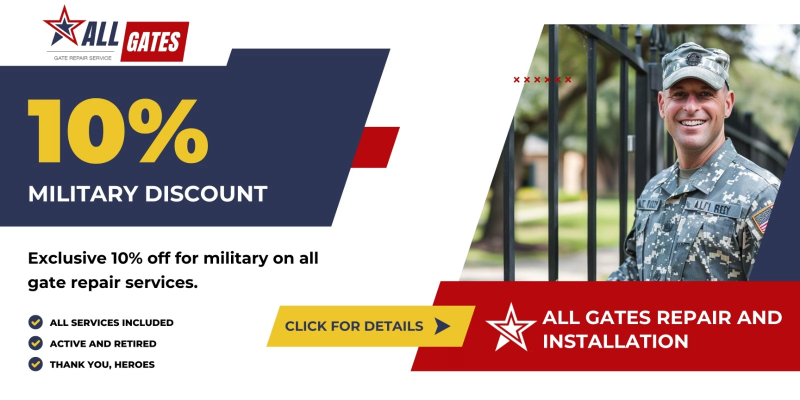 Advertisement for All Gates Repair Service offering a 10% military discount on gate repair services in Austin. Features a smiling person in military uniform and the company's logo. Text: "10% Military Discount. Exclusive 10% off for military on all driveway gate repairs. Click for details.