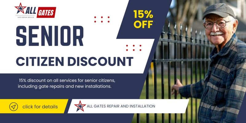 Flyer advertising a "Senior Citizen Discount" from All Gates Repair and Installation. The flyer offers 15% off all services for senior citizens. It features a smiling elderly man wearing glasses and a hat, standing by a fence. The yellow section prompts to "click for details" on this local repair offer.