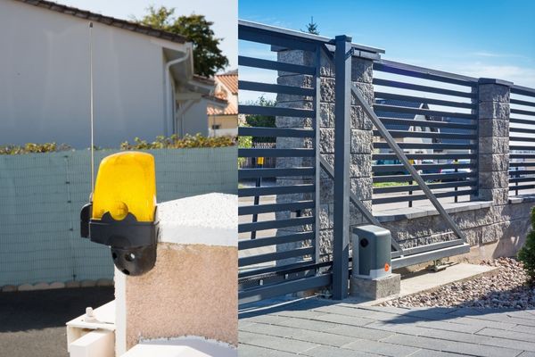 The image shows a split view of two different automatic gate systems. The left side features a close-up of a yellow gate motor sensor. The right side shows an automated gate with a sliding mechanism in a local residential setting in Austin.