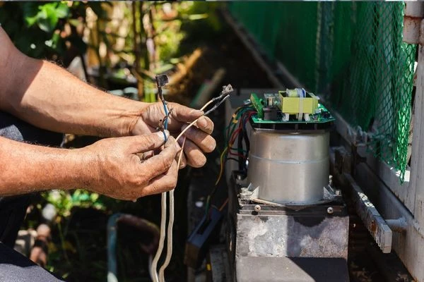 A person working on outdoor electrical equipment in a driveway, holding exposed wires in both hands. The individual is wearing gloves, and various components and circuitry are visible. The background shows a green mesh fence and plants, hinting at the vibrant greenery typical of Austin.