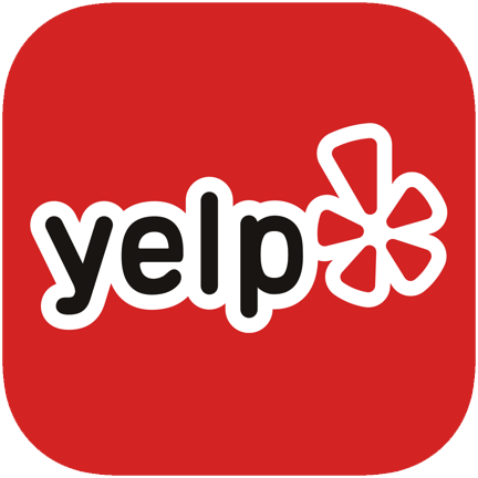 The image is the Yelp logo, featuring the word "Yelp" in lowercase white letters outlined in black, placed on a red background. To the right of the text is a stylized white burst symbol with five rays, representing its local influence.