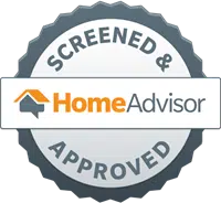 A gray and white circular badge with a scalloped edge. Inside, it reads "Screened & Approved" at the top and bottom. Across the center is a banner with the HomeAdvisor logo, featuring a stylized orange house icon and the words "HomeAdvisor". Perfect for showcasing trusted local services in Austin, like driveway repairs.