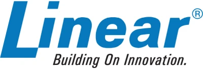 Logo of Linear. The word 'Linear' is written in bold blue font, with a registered trademark symbol at the upper right. Below it, in smaller black letters, is the slogan 'Building On Innovation.' Austin's leader in gate repair services.