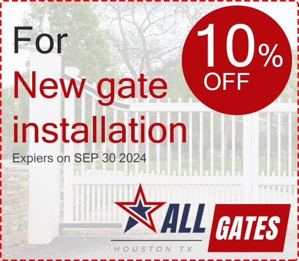 Promotional graphic for All Gates in Houston, TX, offering 10% off on new gate installation and local repair services. The discount expires on September 30, 2024. The background features an image of a white gate.