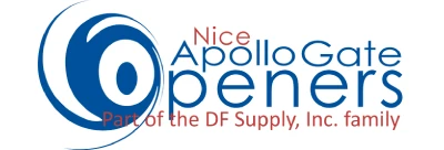 Logo for Nice Apollo Gate Openers, part of the DF Supply, Inc. family. The logo features the company name in blue and red text with a circular design element on the left side, symbolizing secure driveway access.