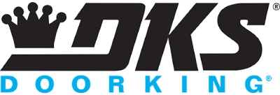 Logo for local Austin company DoorKing (DKS) featuring bold, black letters "DKS" with a black crown above the "D". Below the letters, there is the word "DOORKING" in blue capital letters.