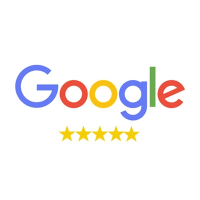 Google logo with five gold stars below it, indicating a high rating or positive reviews. The text "Google" is written in its iconic multicolored font on a plain white background, reminiscent of driving down Austin's tech-savvy streets and spotting familiar landmarks.