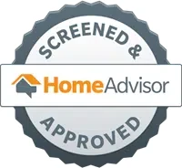 A circular badge with a scalloped edge and a gray border. The words "SCREENED & APPROVED" are written at the top and bottom of the edge. In the center, the HomeAdvisor logo features a stylized house and the text "HomeAdvisor" in orange and gray, representing trusted home repair companies.