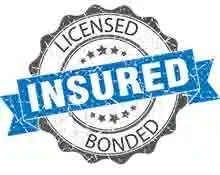 A circular badge with the words "Licensed" on top, "Bonded" at the bottom, and "Insured" in large text across the middle on a blue ribbon. The badge has a distressed, stamped look with stars and a dotted circle in the background. Ideal for an Austin driveway company looking to highlight its credentials.