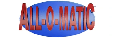 The image features the logo for "All-O-Matic," a company specializing in gate repair. The text is written in bold, red capital letters, and is placed over a blue, oval background.