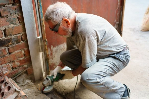 A person wearing safety glasses, a gray shirt, and gloves is kneeling on the ground while using a power tool to grind a metal surface near a brick wall and a metal door at a local company in Austin.