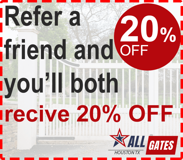 Promotional image for All Gates in Houston, TX, featuring a white gate leading to a driveway with the text, "Refer a friend and you both receive 20% OFF," over it. The image has a red and white checkered border and a red circle highlighting the "20% OFF" offer. Support your local business!