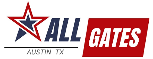 Logo of "All Gates" featuring a red, white, and blue star design to the left and the text "ALL GATES" in bold letters, with "ALL" in navy blue and "GATES" in white on a red background. In smaller black font below, it reads "AUSTIN TX," highlighting its local roots.